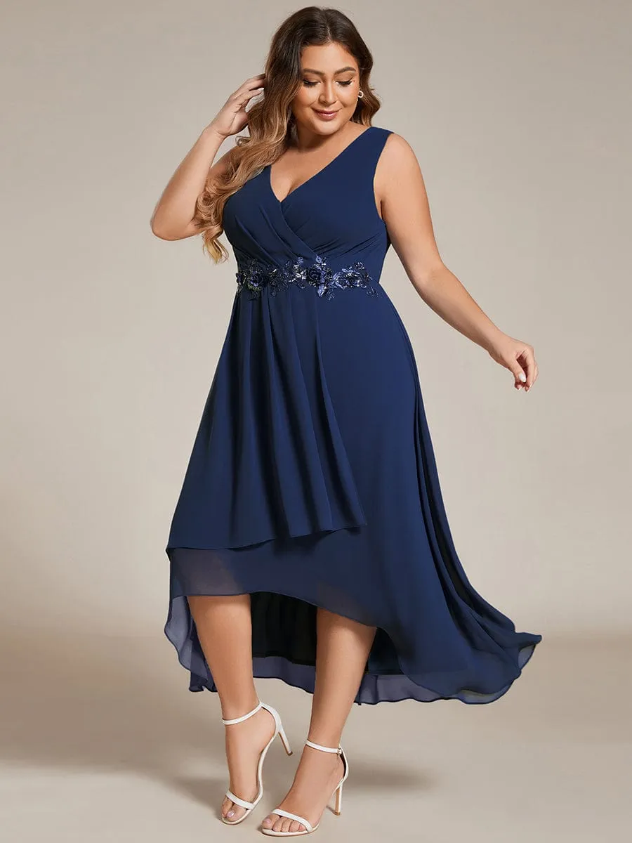 Sleeveless V-Neck High Low Wedding Guest Dress with Floral Applique