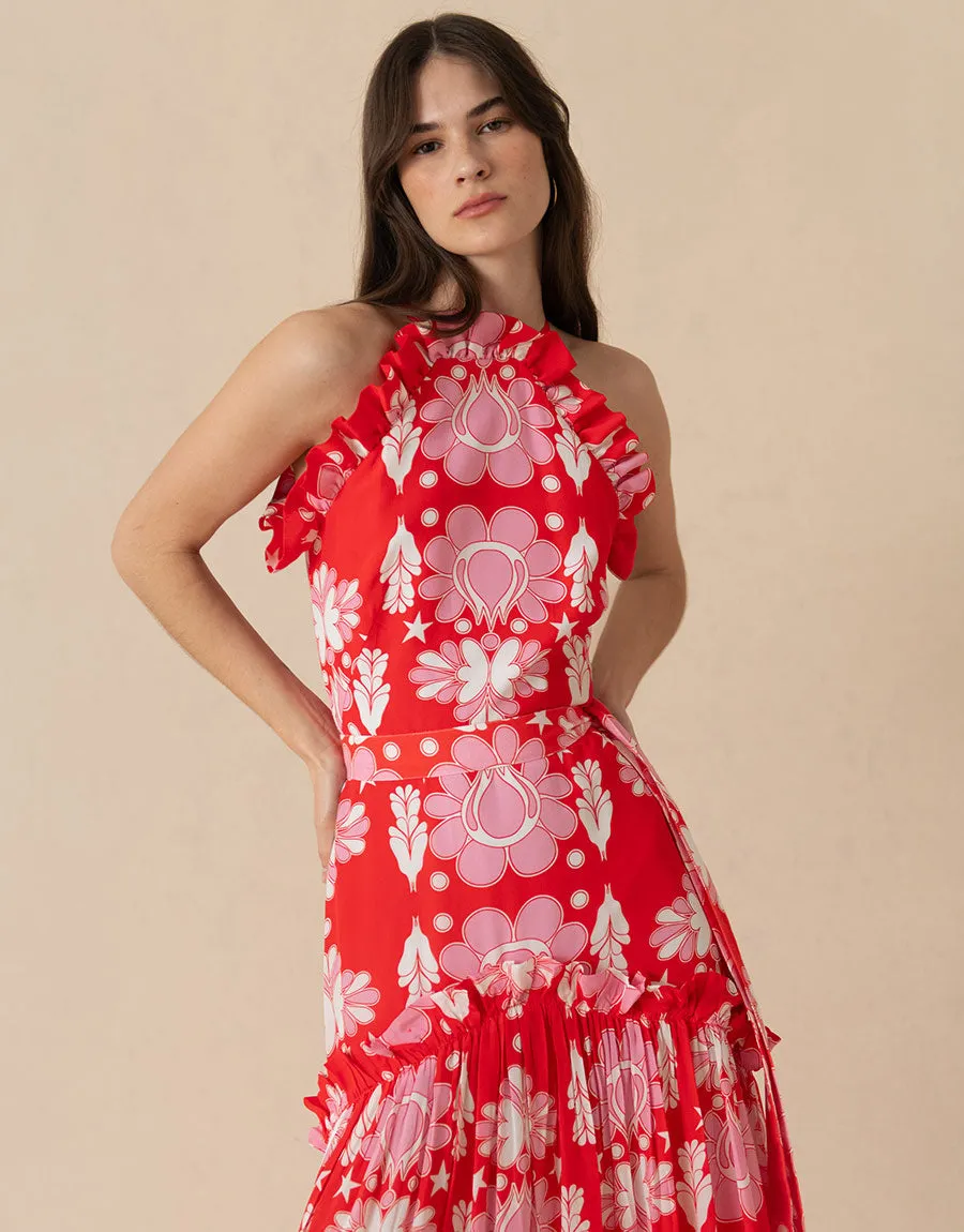 Tatiana Crepe Maxi Dress - Geo Flower Red - SALE