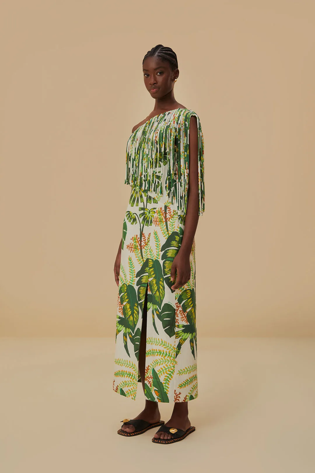 Tropical Forest Off-White Fringed Midi Dress