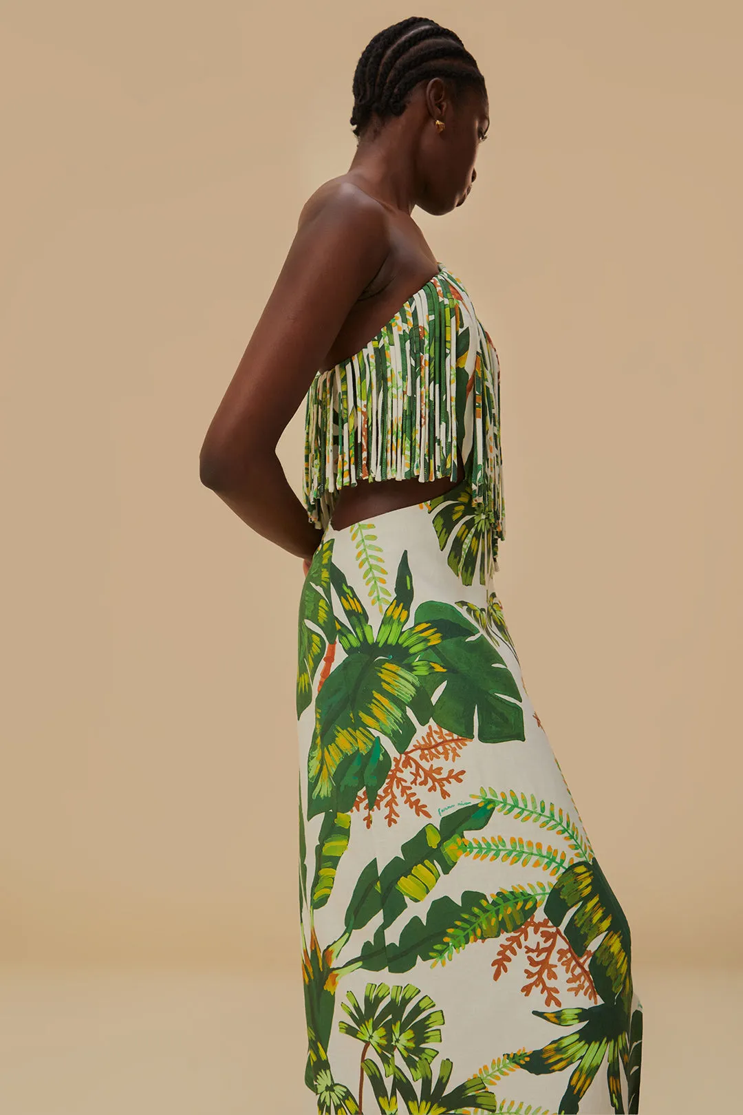 Tropical Forest Off-White Fringed Midi Dress